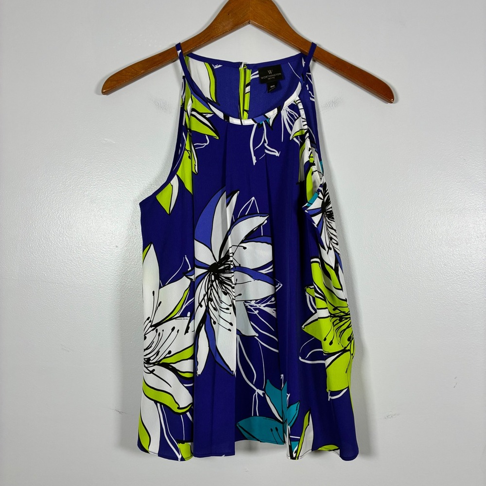 Worthington Blouse PM Floral Halter Pleated Sleeveless Top Office Tropical Flowy
